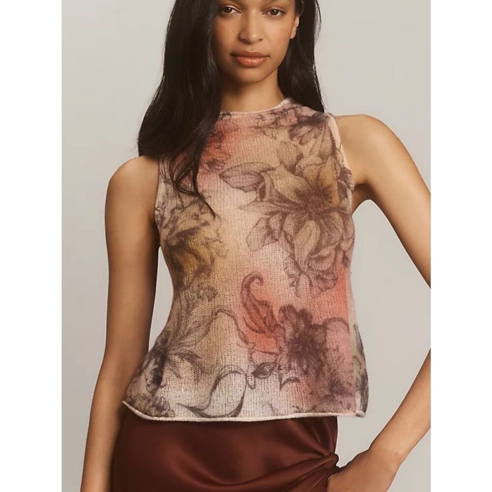 By Anthropologie Floral Print Mock-Neck Lightweight Cashmere Sweater Tank